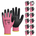 BRAND NEW ~ 12 Pairs Pink & Black PU Coated Seamless Knit Safety Work Gloves