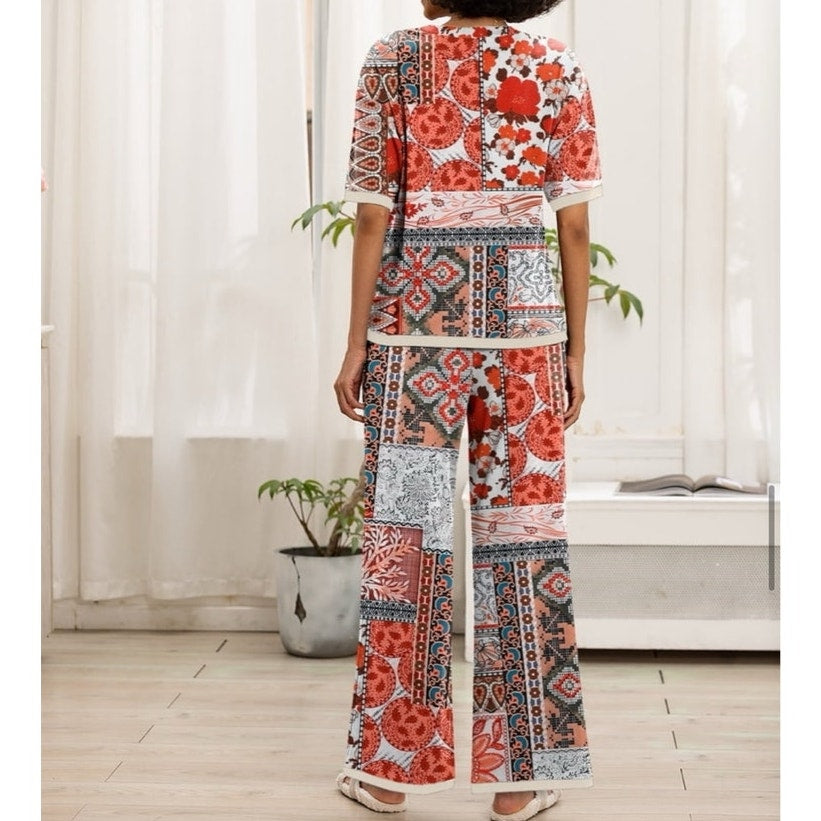NWT ~ Women's Boho 2pc Square Geo Flower Top & Pants Casual Lounge Outfit ~ XL