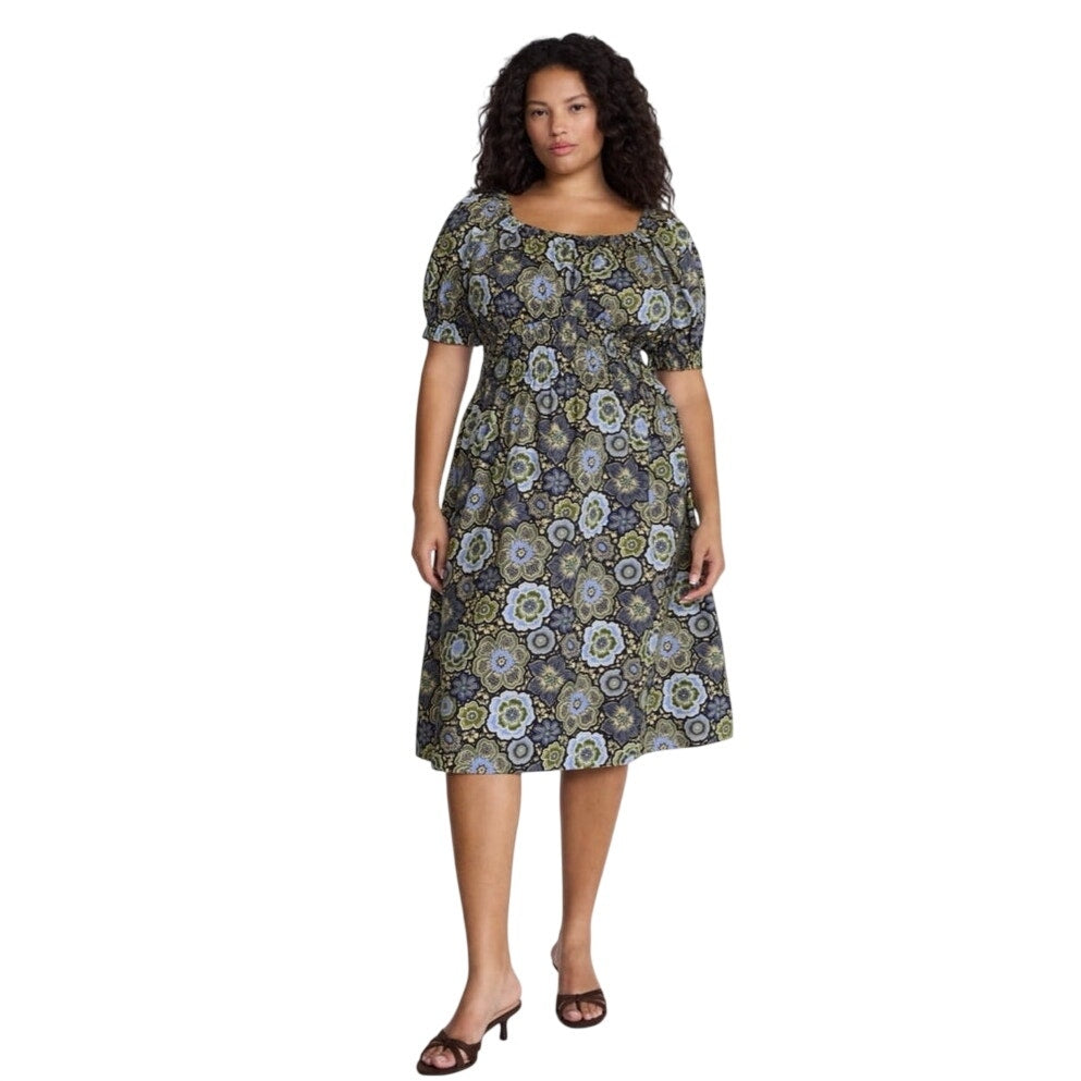 NWT ~ Plus Size Blue Floral Smocked Cotton Midi Dress & Short Puff Sleeves ~ 4X