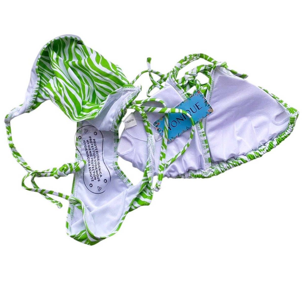 NWT ~ Set/3 Lime Green & White Zebra Drawstring Bikini Swimsuit & Sarong ~ LARGE