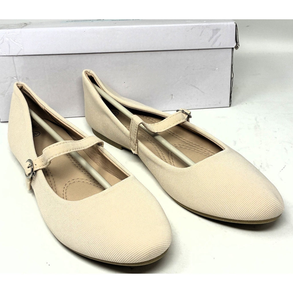 NWT ~ Women's Beige Mary Jane Round Toe Ballet Flats Dressy Fabric Shoes Size 10