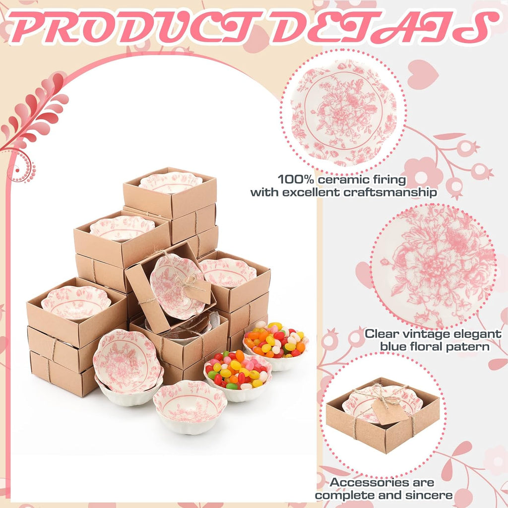 BRAND NEW ~ Set/12 Small 3.3" Pink & White Floral Glass Bowls Dipping Dish & ag