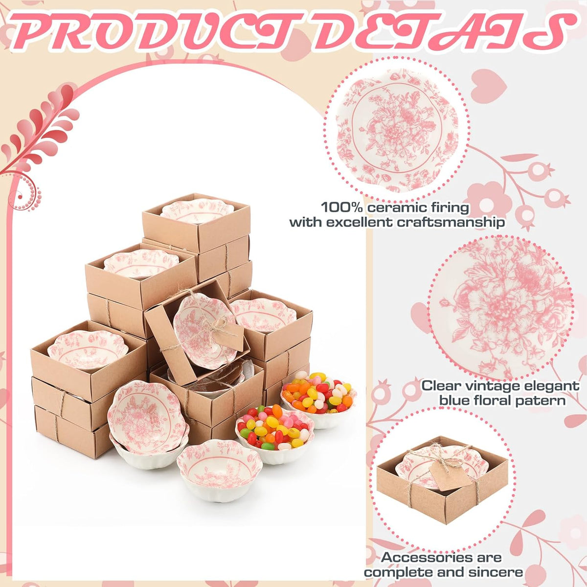 BRAND NEW ~ Set/12 Small 3.3" Pink & White Floral Glass Bowls Dipping Dish & ag