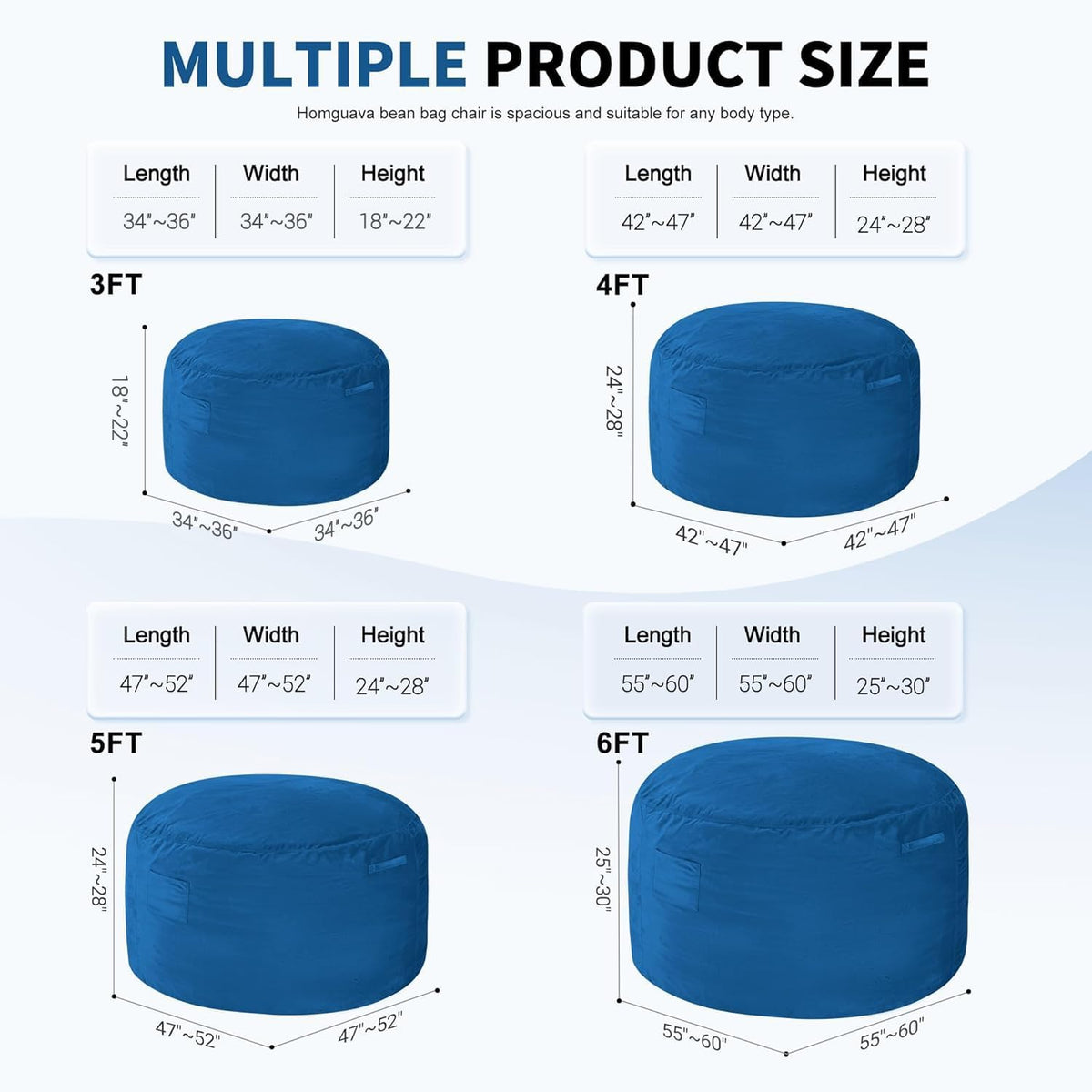 BRAND NEW ~ Blue 3ft Memory Foam Filled Large Soft Dutch Velvet Bean Bag Chair