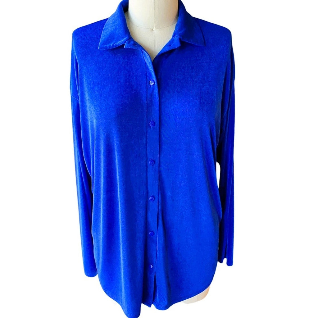 NWT ~ FASHION NOVA Royal Blue Don't Stop Slinky Button Front Top ~ Women's MED.