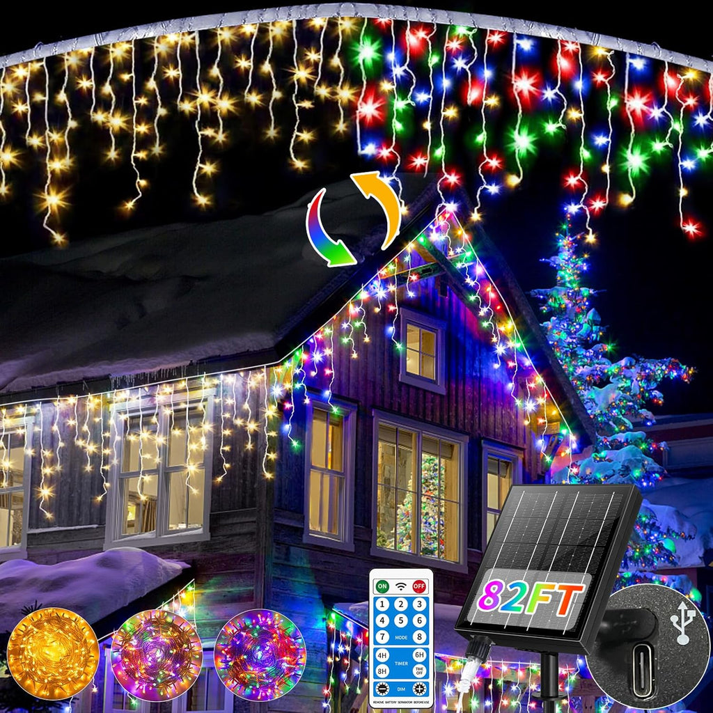 BRAND NEW ~ 82Ft Solar Icicle Outdoor Multicolor Christmas Lights & Remote