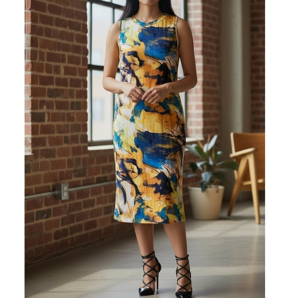 NWT ~ Blue & Yellow Sleeveless Casual Midi Dress ~ Women's Plus Size XXL