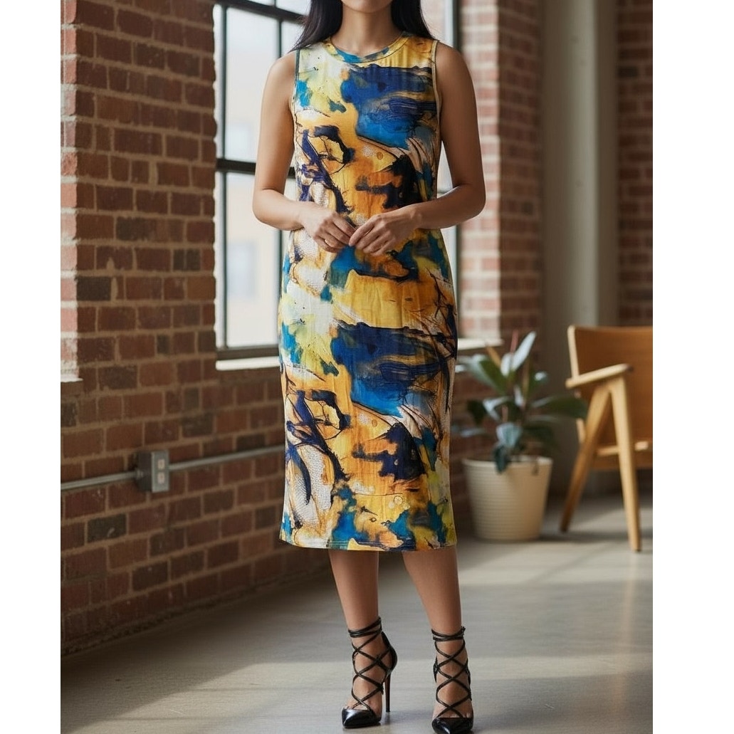NWT ~ Blue & Yellow Sleeveless Casual Midi Dress ~ Women's Plus Size XXL