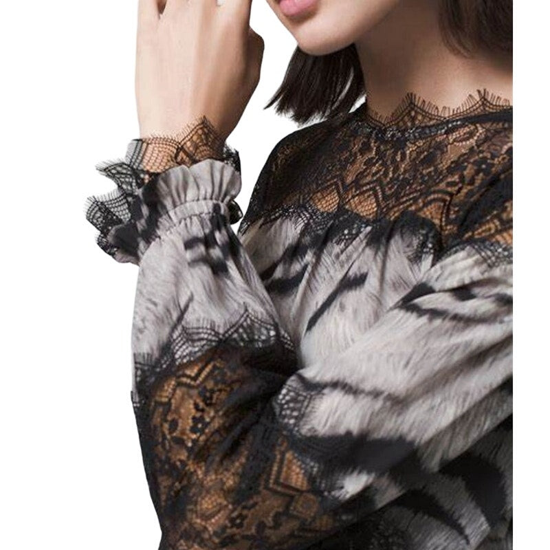 NWT ~ WHITE HOUSE BLACK MARKET Black Lace Yoke Tiger Blouse Boho WHBM ~ Size XS