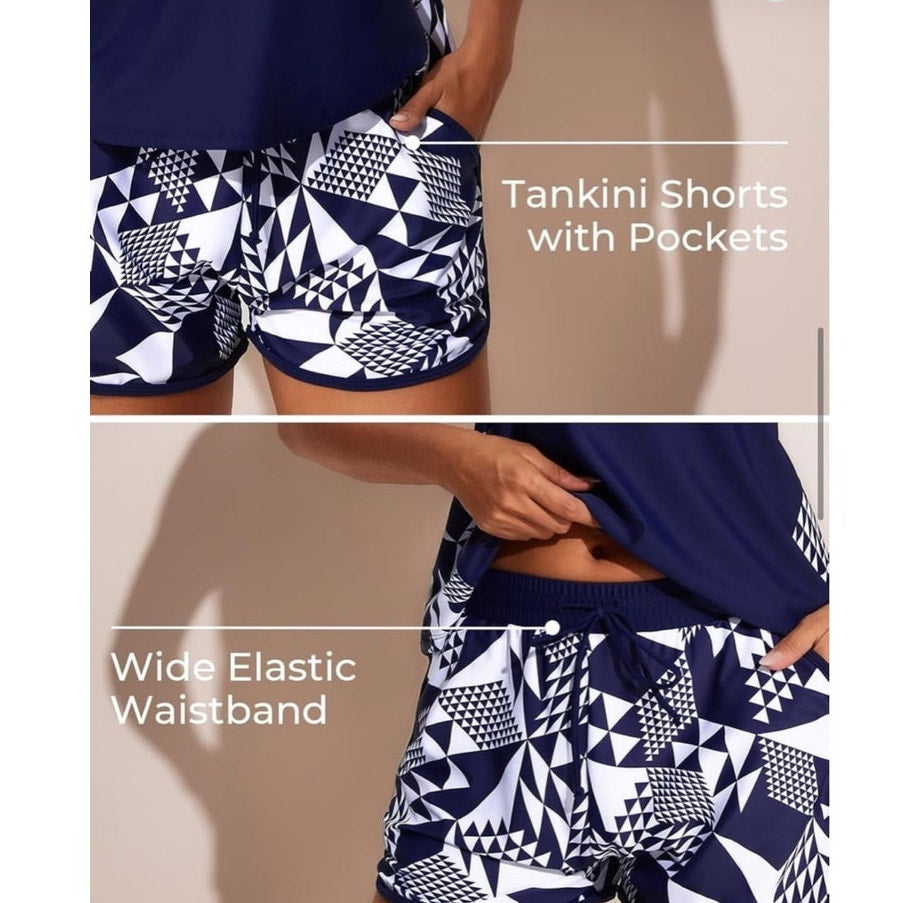 NWT ~ Tummy Control Two-Piece Tankini Swimsuit Sporty Swim Shorts Pockets ~ 12