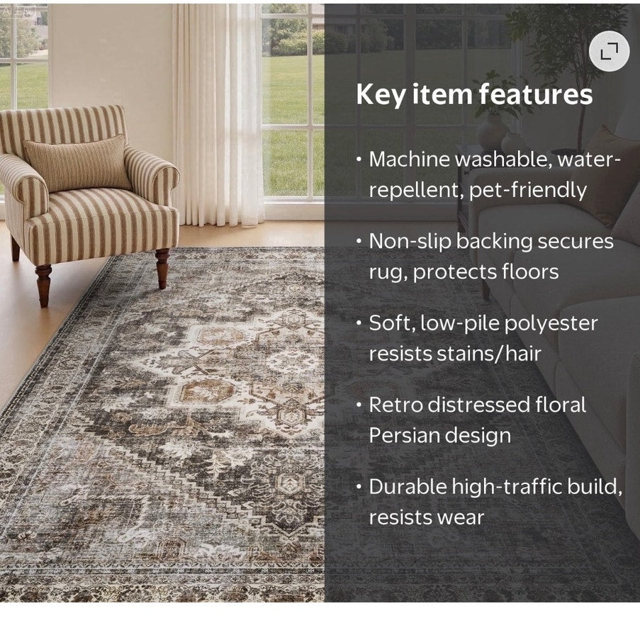 BRAND NEW ~ Brown 8'x10' Area Rug Retro Boho Floral Distressed Indoor Carpet