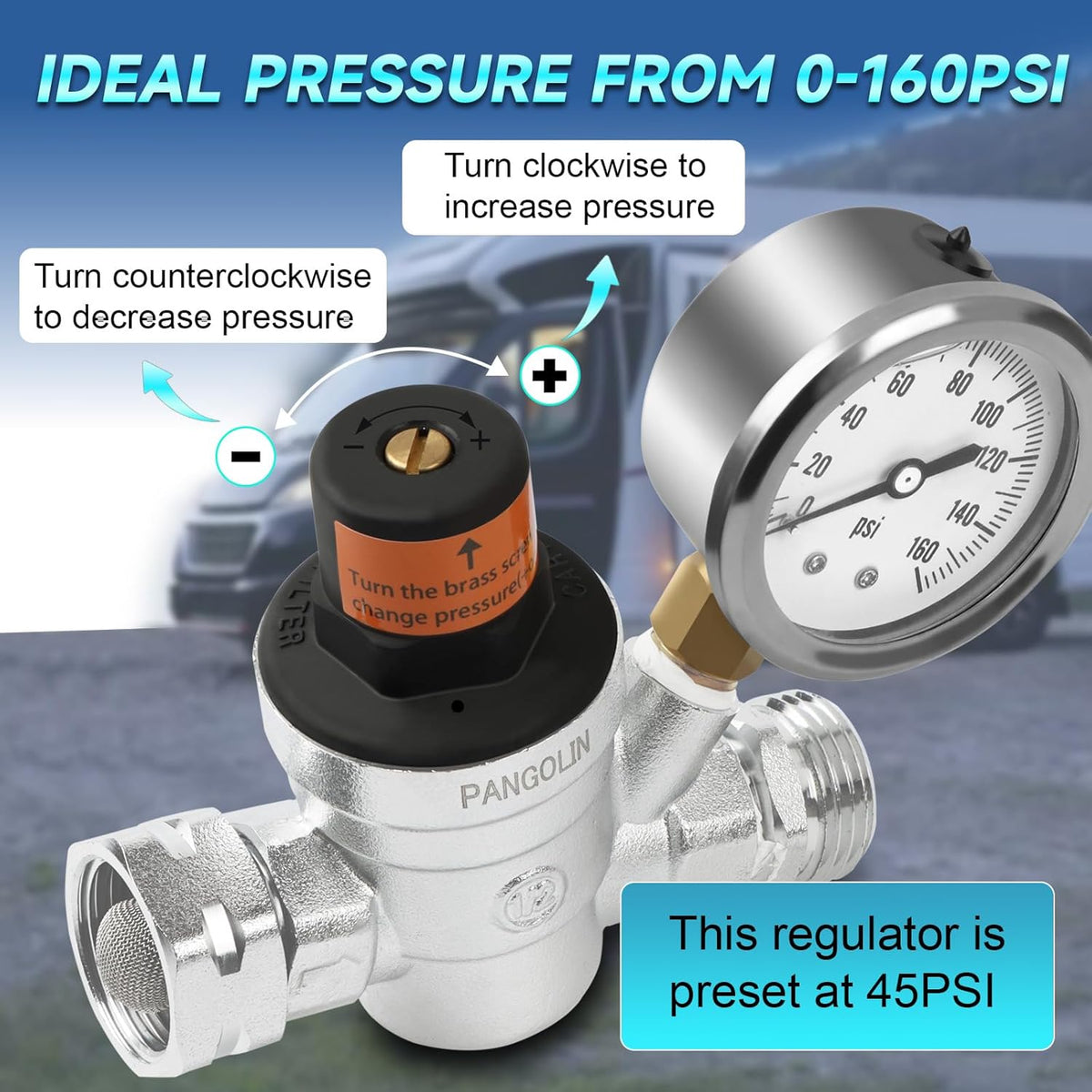 NWT ~ 7 RV Water Pressure Regulator Valves 160 PSI Gauge and Inlet Stainless ...