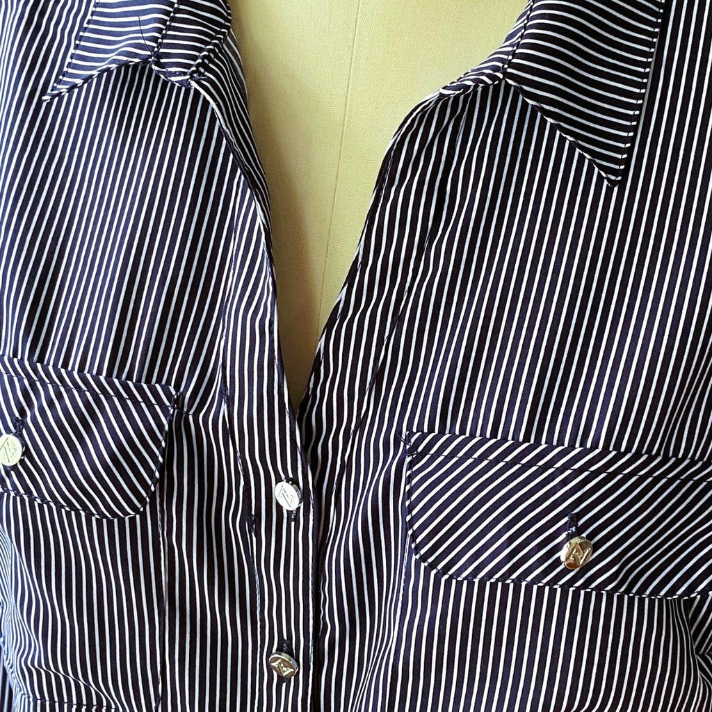 NWT ~ ADRIENNE VITTADINI Blue White Pinstripe Rolled Sleeve Blouse ~ LARGE