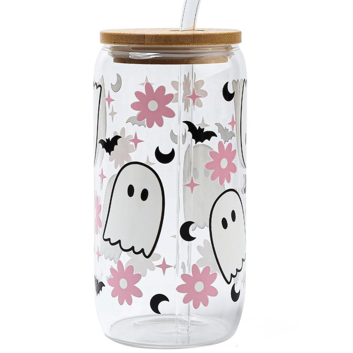NWT ~ Set/4 Halloween Ghost & Bat 16 oz Glass Bamboo Lid Glass Straw & Brush