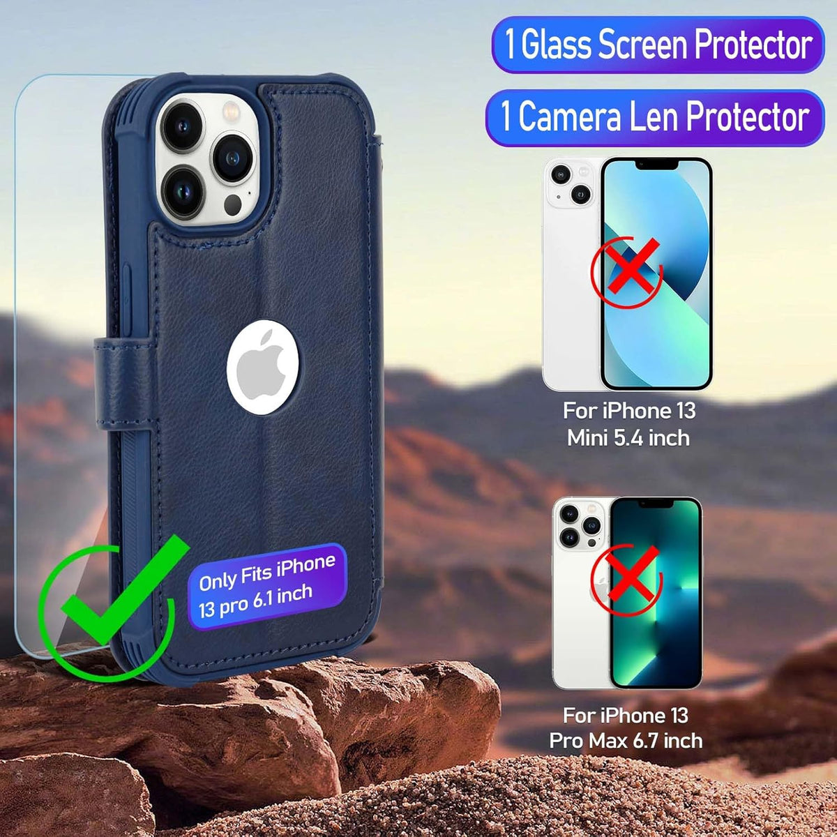 NWT ~ Dark Blue iPhone 13 Pro Wallet & Wrist Strap Card Holder Cellphone Case