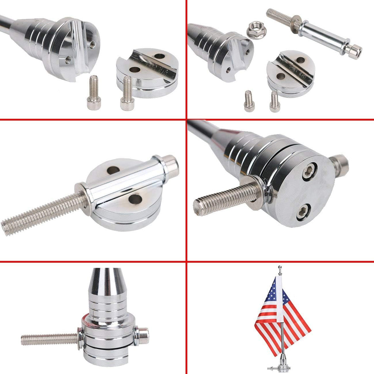 BRAND NEW ~ Set/2 Universal Motorcycle Flagpoles Mounts & American Flags USA