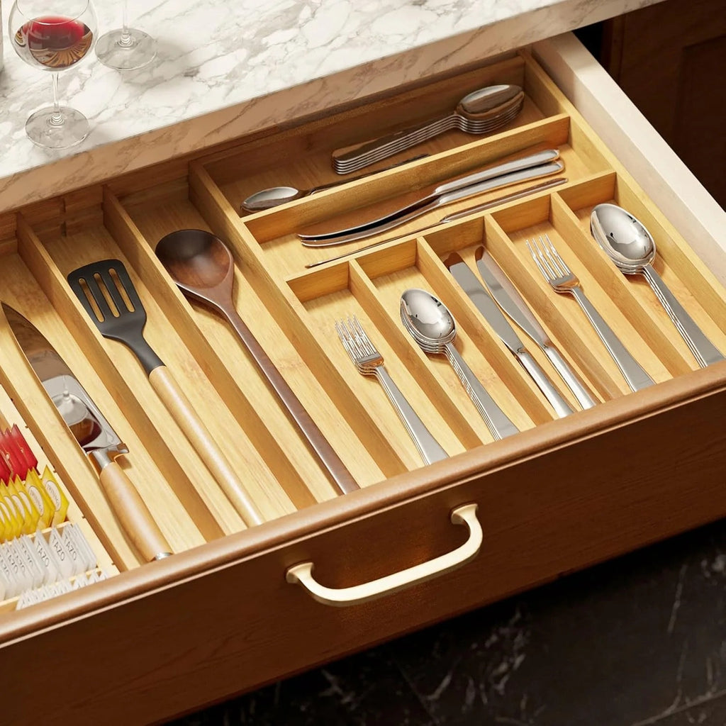 BRAND NEW ~ Expandable 10 Slots Bamboo Silverware Drawer Organizer & Labels