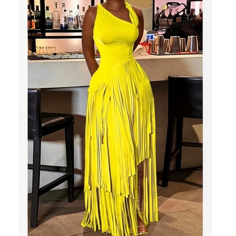 NWT ~ Women's Long Sleeveless Bright Yellow Fringe Maxi Party Dress ~ Size XL