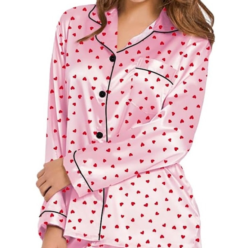 NWT ~ Women's Pink Satin Pajamas Red Hearts Black Trim PJ's ~ Size XL