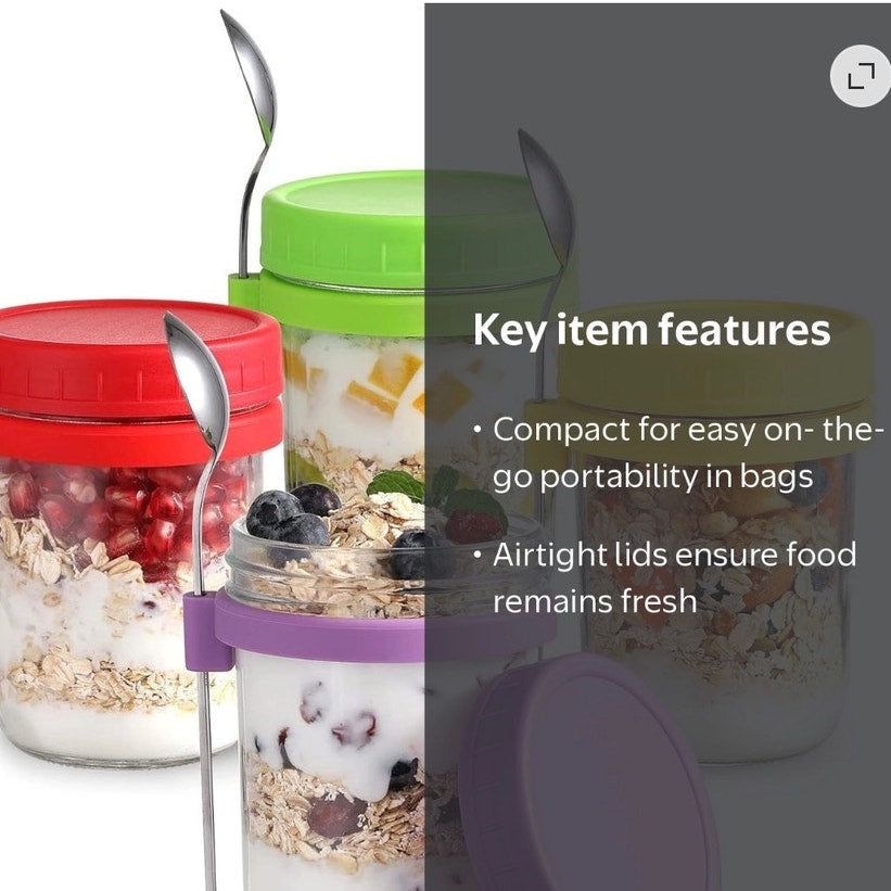 BRAND NEW ~ 16oz Overnight Oats Glass Containers with Colorful Lids and Spoons