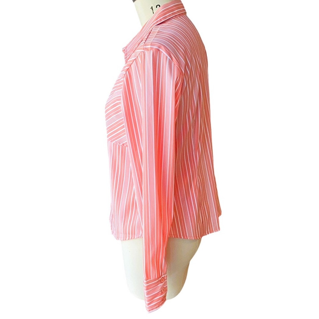 NWT ~ RAG Coral Orange & Pink Stripe Fitted Long Sleeve Blouse ~ Women's Size XL
