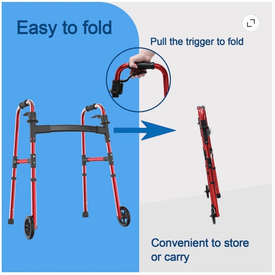 BRAND NEW ~ Red Lightweight Folding Walker for Seniors with Wheels & Skis Glides