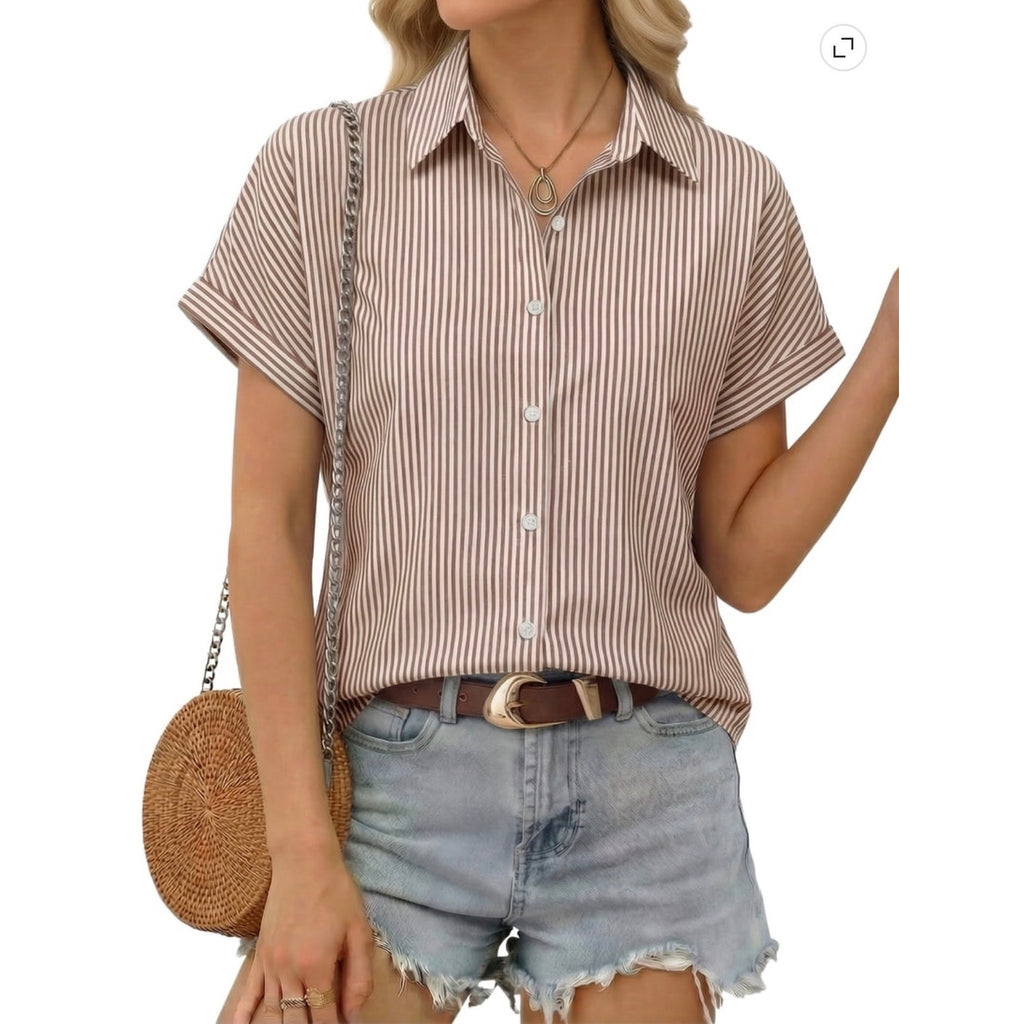 NWT ~ Women's Striped Casual Short Sleeve Summer Blouse Button Down Top ~ MEDIUM