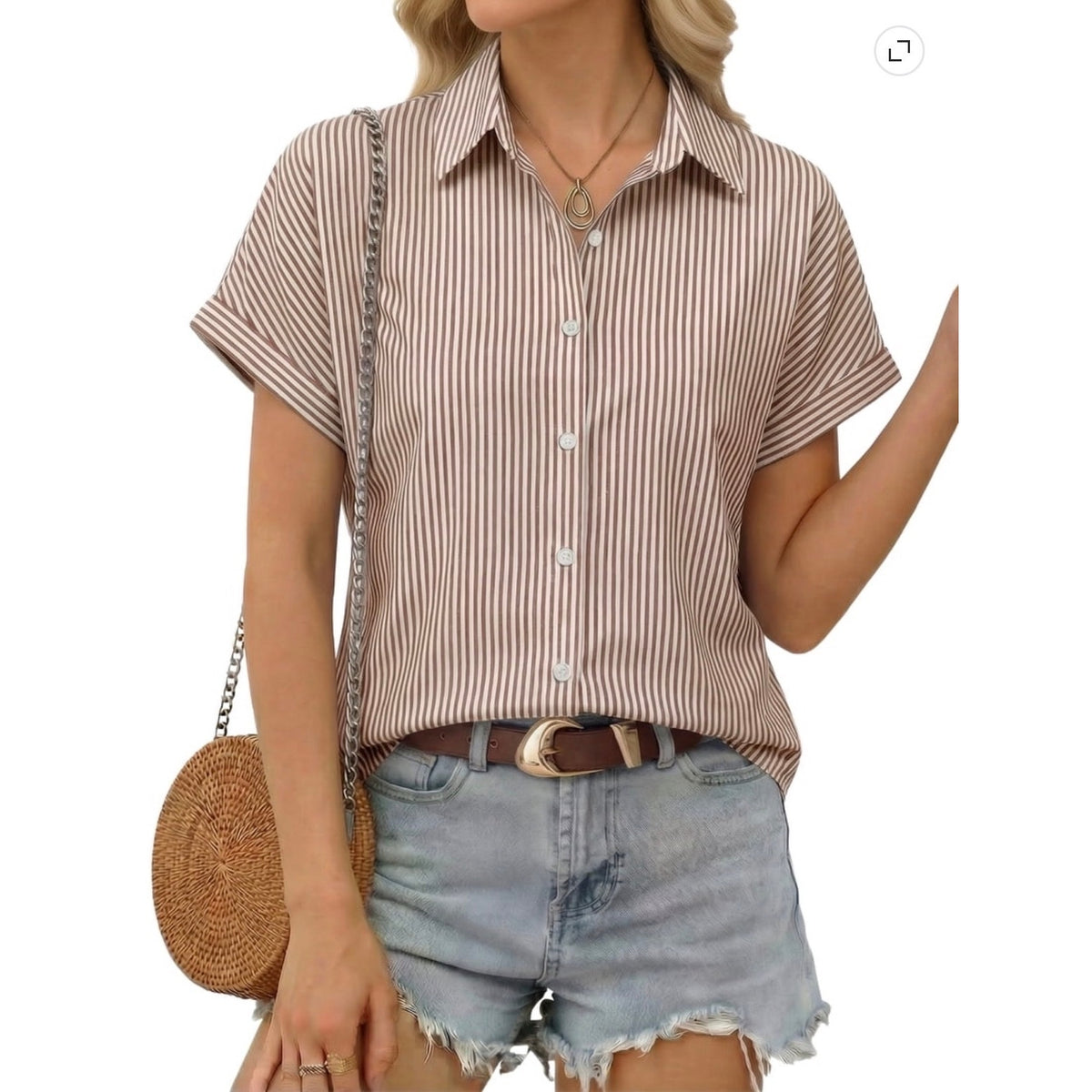 NWT ~ Women's Striped Casual Short Sleeve Summer Blouse Button Down Top ~ MEDIUM