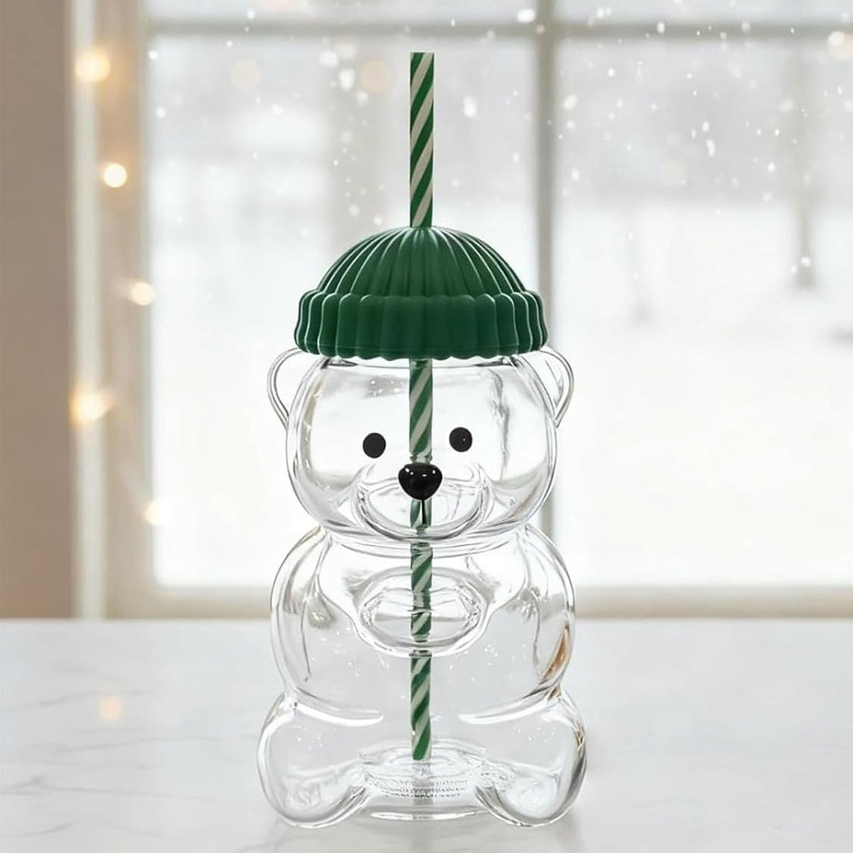 BRAND NEW ~ 20oz Borosilicate Glass Bear Winter Hat Striped Straw Cup Mug & Lid