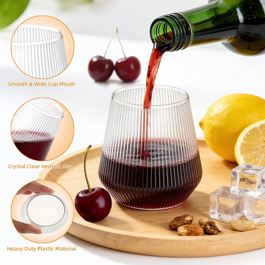 BRAND NEW ~ Set/24 Stemless 12 Oz Clear Ribbed Plastic Reusable Wine Glasses