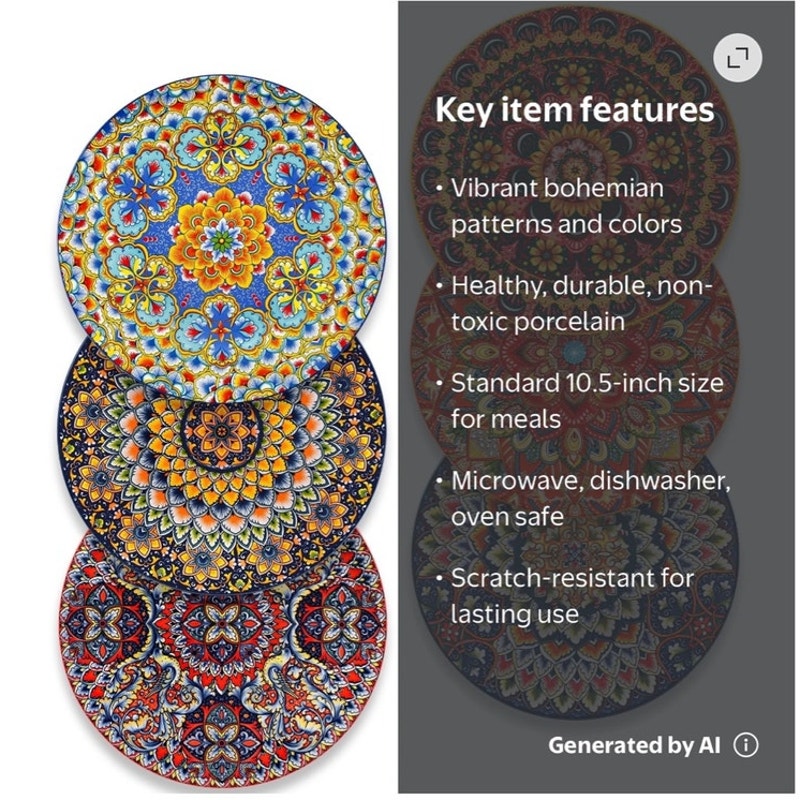BRAND NEW Set/6 Vancasso Colorful Bohemian 10.5" Ceramic Porcelain Dinner Plates