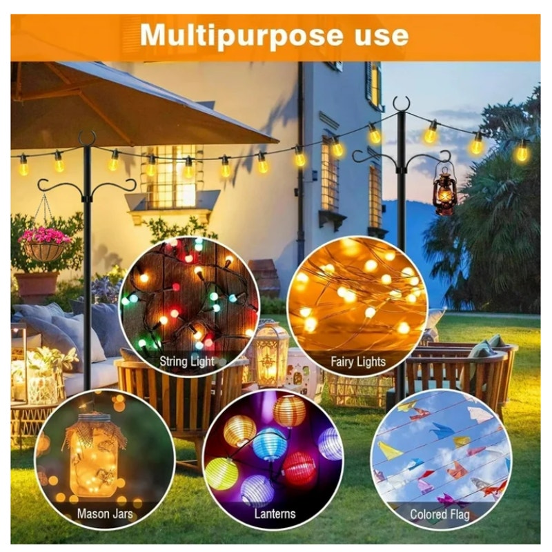 BRAND NEW ~ Set/2 ~ 11ft Outdoor Metal String Light Poles Patio Lighting & Hooks