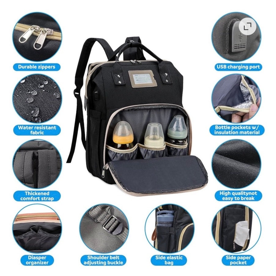 BRAND NEW ~ Black USB Multifunctional Large Capacity Travel Diaper Bag Backpack