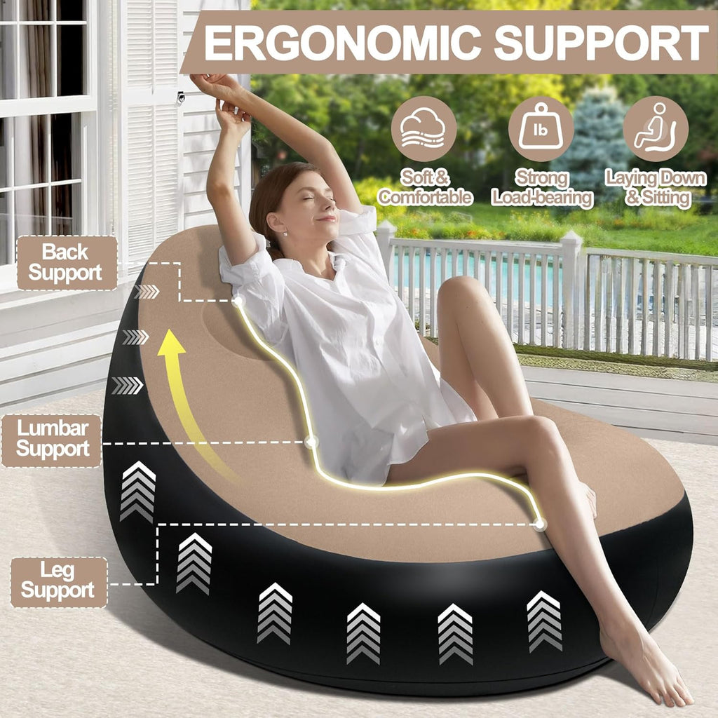 NWT ~ Inflatable Waterproof Blow Up Brown Portable Chair & Ottoman
