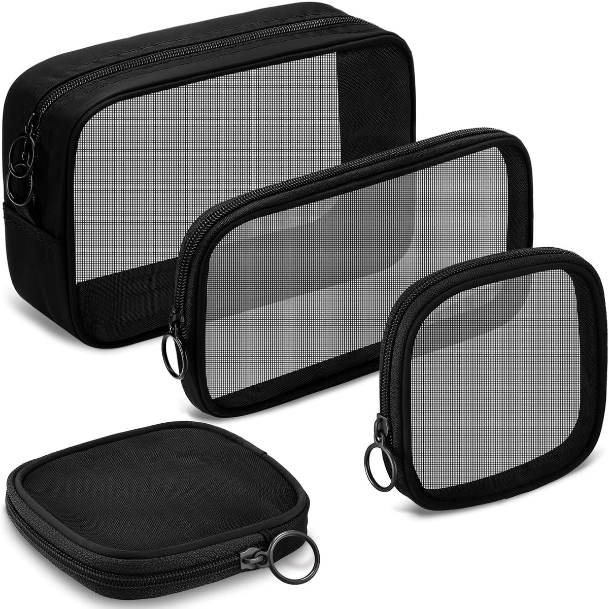 BRAND NEW ~ Set/4 Black Mesh Makeup Toiletries Zipper Travel Bags Luggage Pouch
