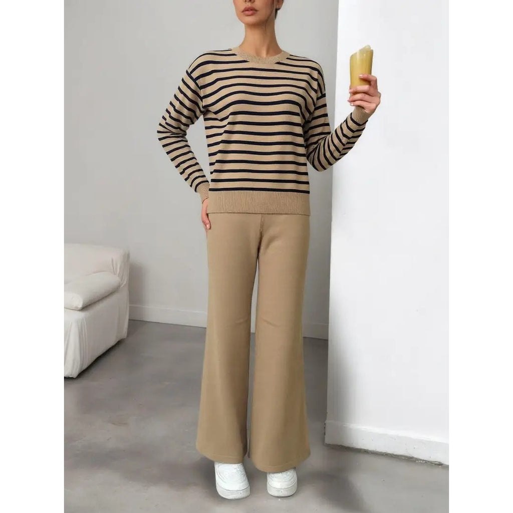 NWT ~ Women's Tan & Black Striped Casual Knit Pantsuit Sweater Set ~ Size MEDIUM