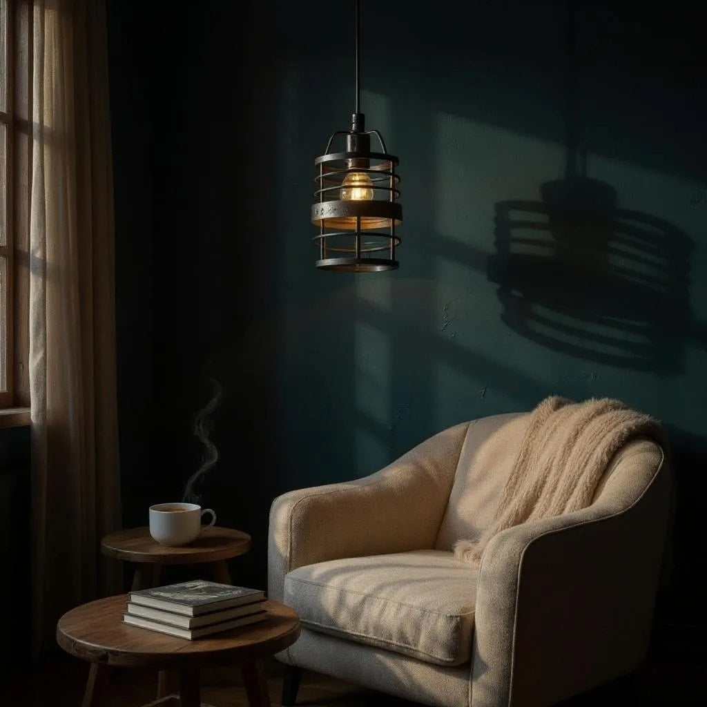 NWT ~ Matte Black Modern Farmhouse Hanging Spiral Metal Cage Pendant Light