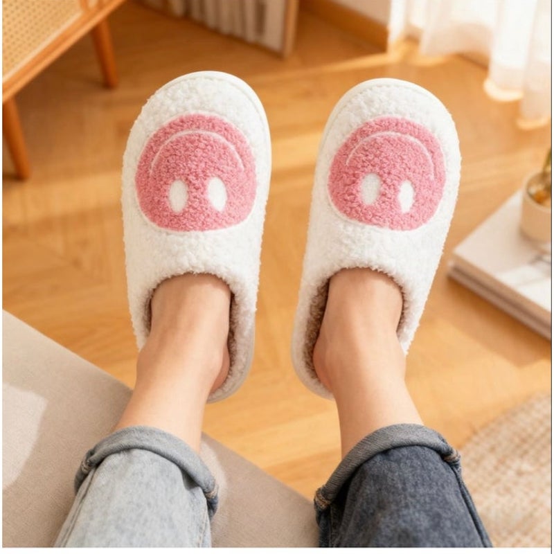BRAND NEW ~ Pink & White Smiley Face Slip-On Non-Slip Fuzzy Slides Slippers ~8/9