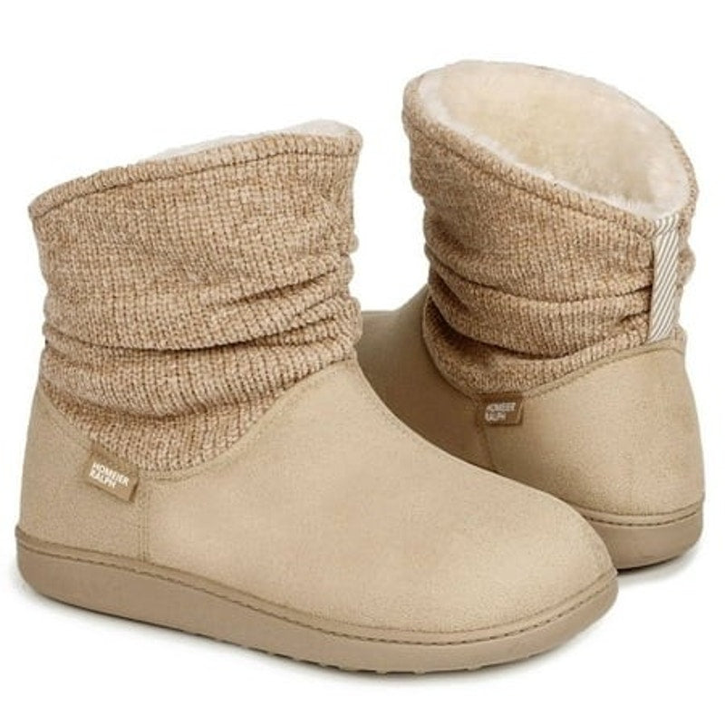 NWT ~ Tan Chenille Booties & Suede Faux Fur Lining Memory Foam Slippers ~ S