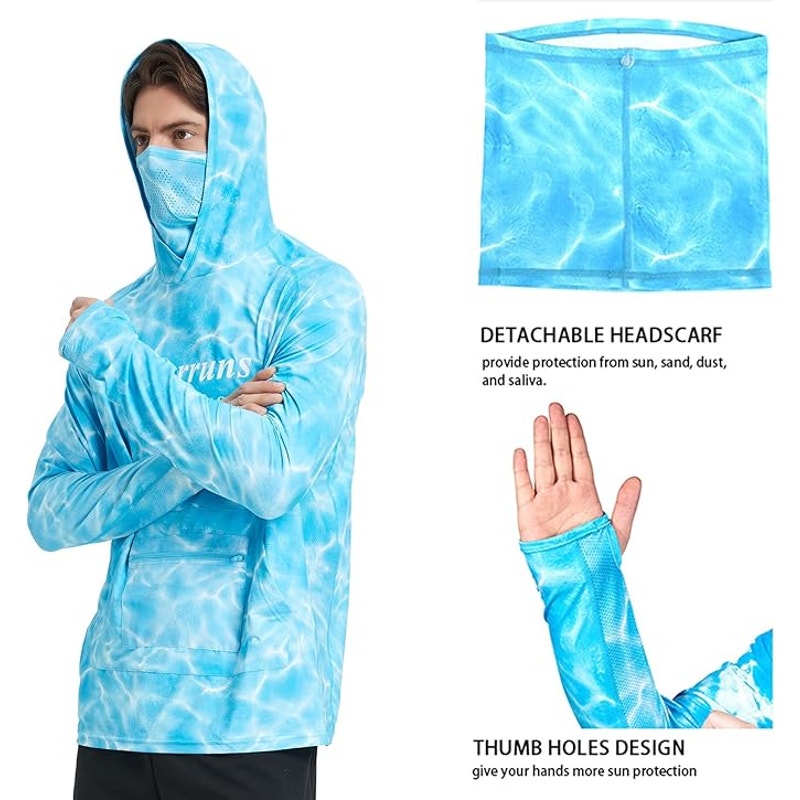 NWT ~ Mens Light Blue Riverruns UPF50+ Hunting Lightweight Hoodie with Mask ~ XL