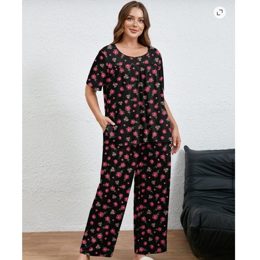 NWT ~ Women's 2pc Black Floral Pink Roses Pajamas Loungewear Set ~ Plus Size 4X