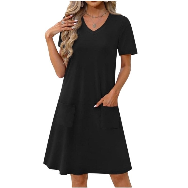 NWT ~ Black Short Sleeve, V-Neck Casual Summer T-Shirt Beach Dress & Pockets ~ M