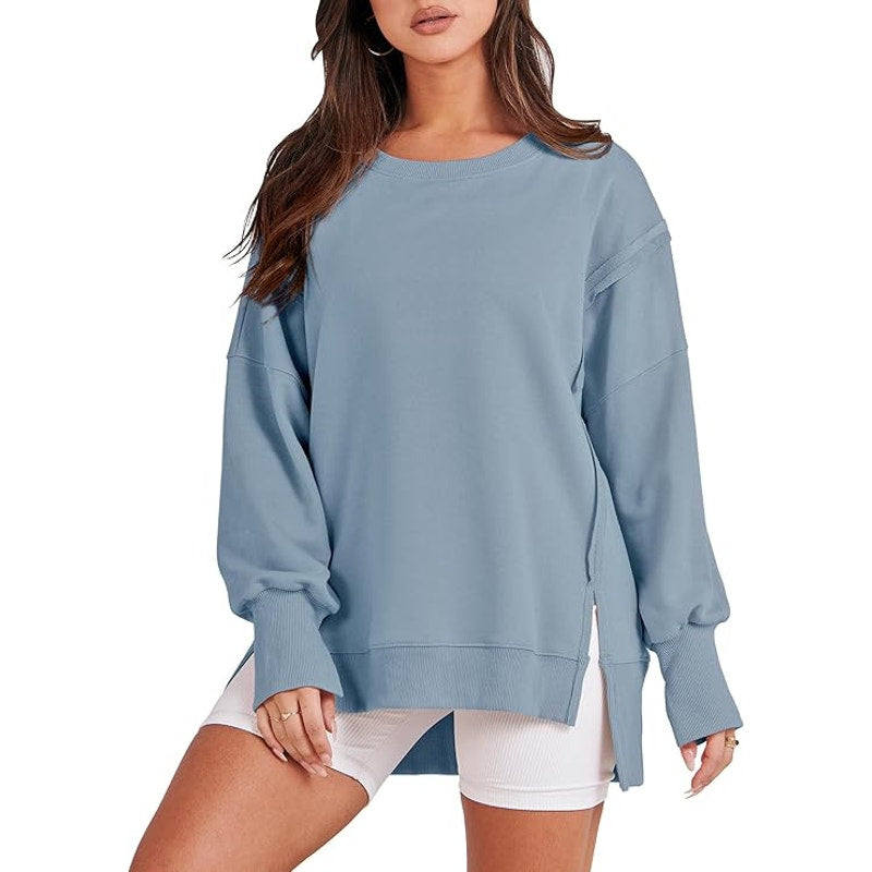 NWT ~ Women's Oversized Light Blue Hi-Lo Tunic Sweatshirt Raw Edge ~ Small