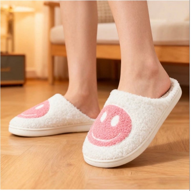 BRAND NEW ~ Pink & White Smiley Face Slip-On Non-Slip Fuzzy Slides Slippers ~8/9