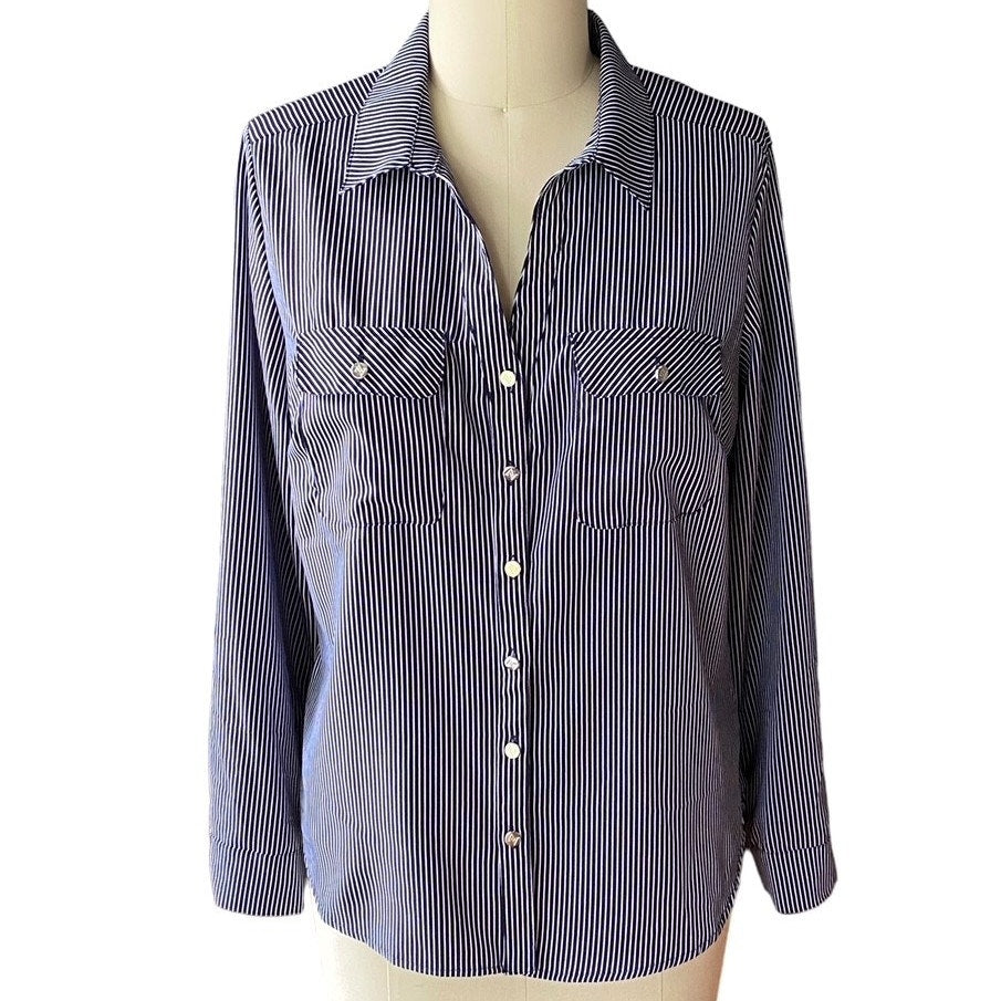 NWT ~ ADRIENNE VITTADINI Blue White Pinstripe Rolled Sleeve Blouse ~ LARGE