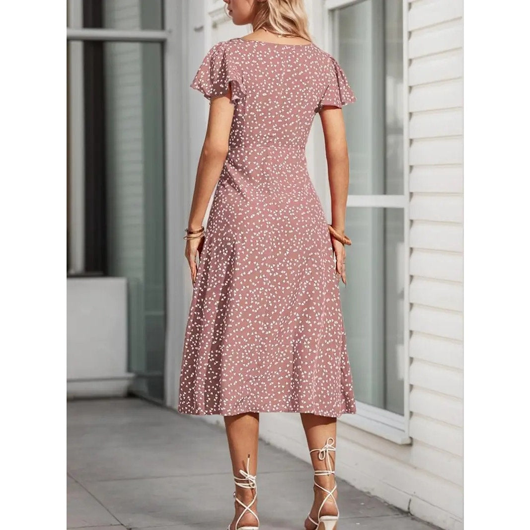 NWT ~ Rose Pink A-Line Midi Dress Button Front Short Flutter Sleeves ~ LARGE