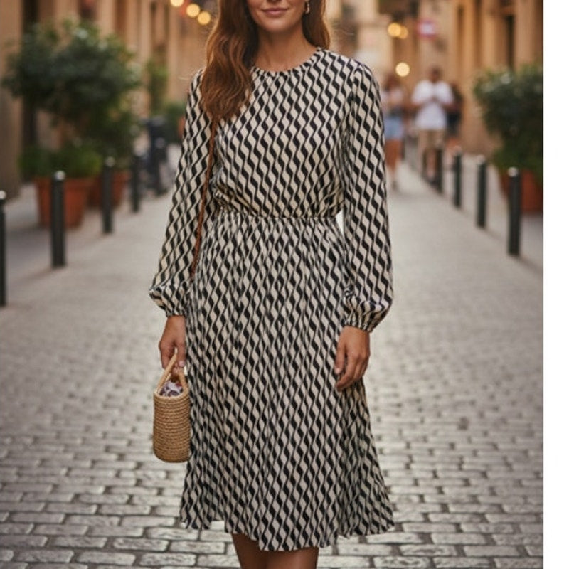 BRAND NEW ~ Black & Tan ZigZag Geometric Pattern Long Sleeve Dress ~ SMALL