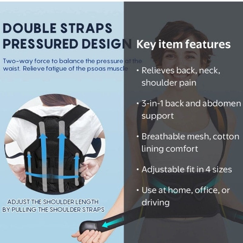 BRAND NEW ~ Black Back Brace Posture Corrector Adjustable Full Back Support ~ XL