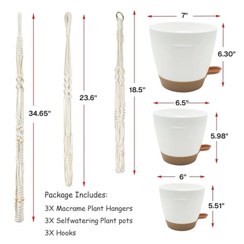 BRAND NEW ~ Set/3 White Hanging Planters & Cotton Rope Pot Hangers & Hooks