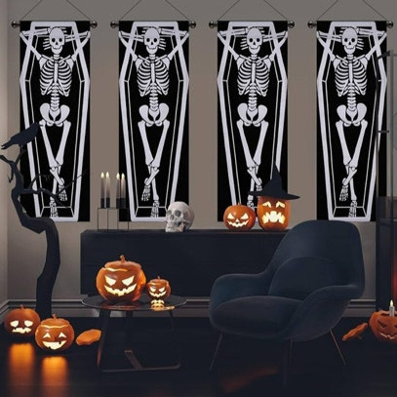 NWT ~ Set/ 4 Panels ~ Spooky Halloween Coffin Skeleton Curtains ~ 13" x 36" ea.